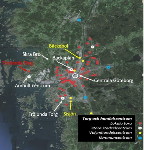 Figur 5: Torg och handelscentrum i och i närheten av marknadsområdet. Källa: WSP Kunder och köpkraft På kommande sidor kartläggs kunder och köpkraft i upptagningsområdet.
