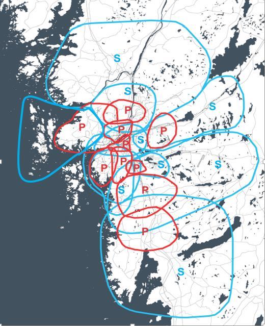 Upptagningsområdena för större köpcentrum och handelsplatser överlappar varandra, vilket innebär att de delvis konkurrerar om samma kunder, se figur 6.