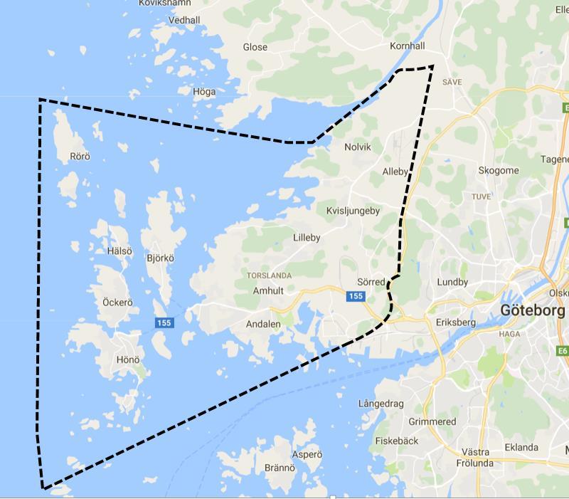Figur 7: Upptagningsområde. Källa: WSP Befolkning Totalt bor det närmare 38 400 personer i upptagningsområdet. I Torslanda bor 25 700 personer och i Öckerö kommun bor 12 700 personer.