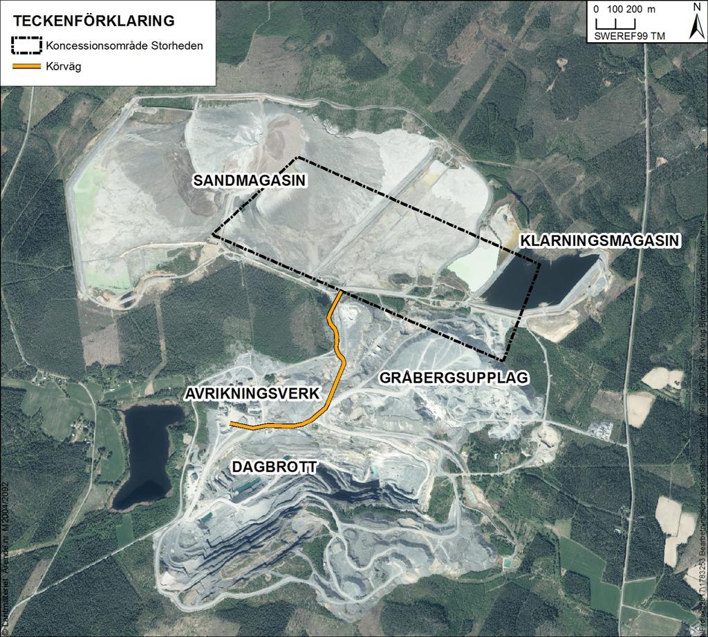 Figur 1: Transportväg mellan det sökta koncessionsområdet och industriområdet. Krossning sker i flera steg till dess att fraktioner ca 7 mm har erhållits.