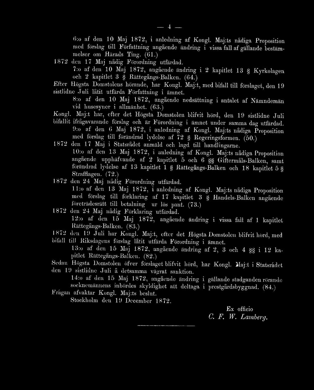 Maj:t, med bifall till förslaget, den 19 sistlidne Juli låtit utfärda Författning i ämnet. S:o af den 10 Maj 1872, angående nedsättning i antalet af Nämndemän vid husesyner i allmänhet. (63.) Kongl.