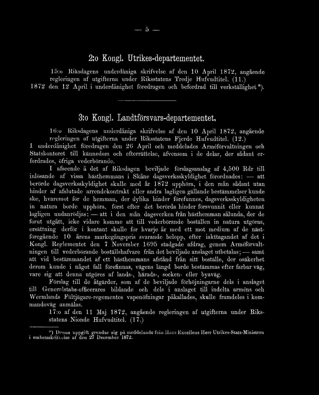 Landtförsvars-departementet, lö:o Riksdagens underdåniga skrifvelse af den 10 April 1872, angående regleringen af utgifterna under Riksstatens Fjerde Hufvudtitel. (12.