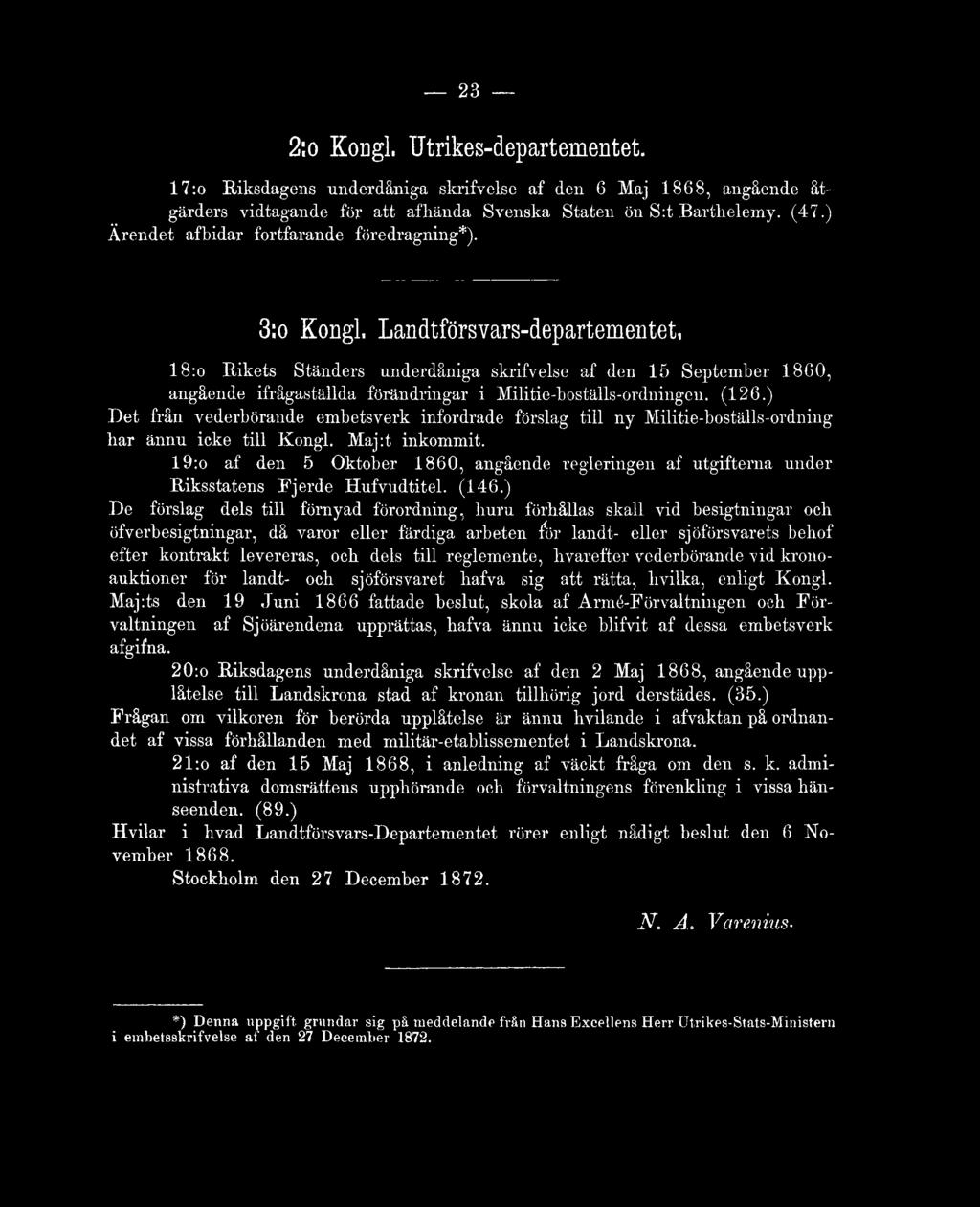 Landtförsvars-departementet, 18:o Rikets Ständers underdåniga skrifvelse af den 15 September 1860, angående ifrågaställda förändringar i Militie-boställs-ordningen. (126.