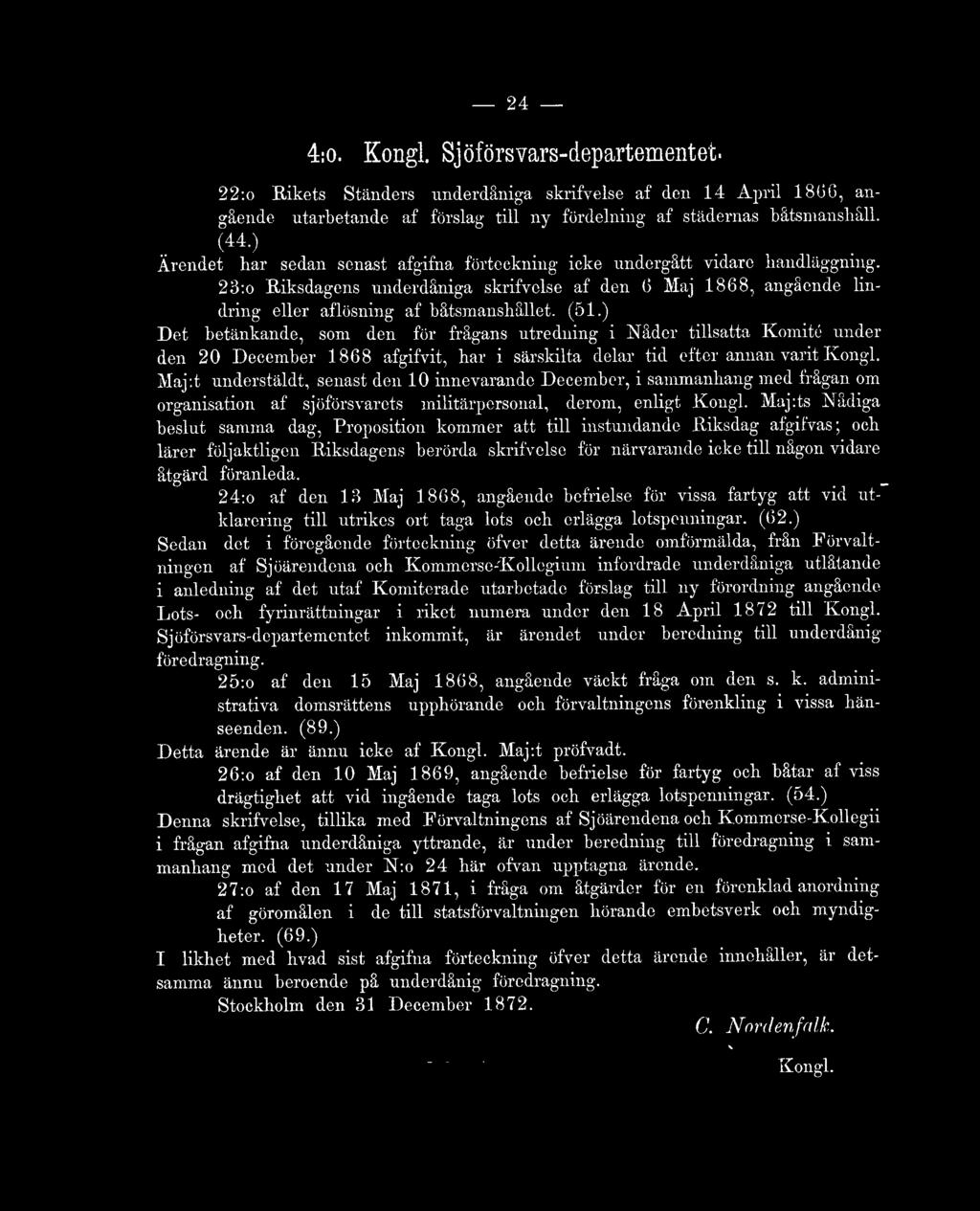 ) Det betänkande, som den för frågans utredning i Nåder tillsatta Komité under den 20 December 1868 afgifvit. har i särskilta delar tid efter annan varit Kongl.