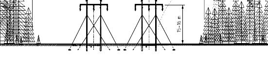 Figur 6. Principskiss som visar skogsgata och ungefärliga mått för planerad 130 kv ledning parallellt med befintlig 70 kv ledning när den i framtiden är ombyggd till 130 kv i s.k. portalstolsutförande.