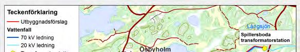 Figur 9. Utbyggnadsförslag för ny 130 kv ledning (röd linje) samt övriga regionnätsledningar.