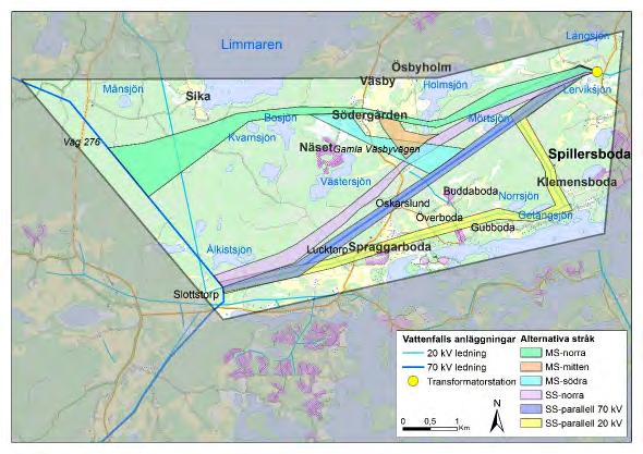 Figur 10. Samtliga stråk som utretts. MS-stråken (Månsjön Spillersboda) MS-norra utgår från befintlig nord-syd gående 70 kv ledning, strax söder om Månsjön, och går österut till station Spillersboda.