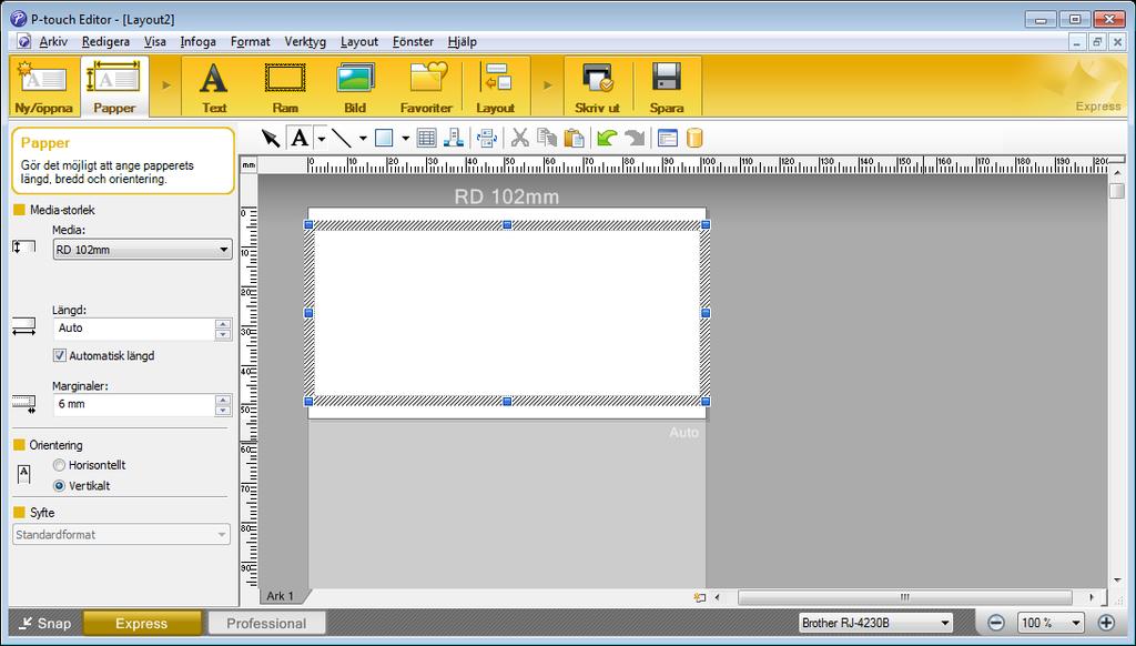 Använda P-touch Editor Skriva ut med P-touch Editor 5 Express-läge I detta läge kan du snabbt skapa layouter som innehåller text och bilder.