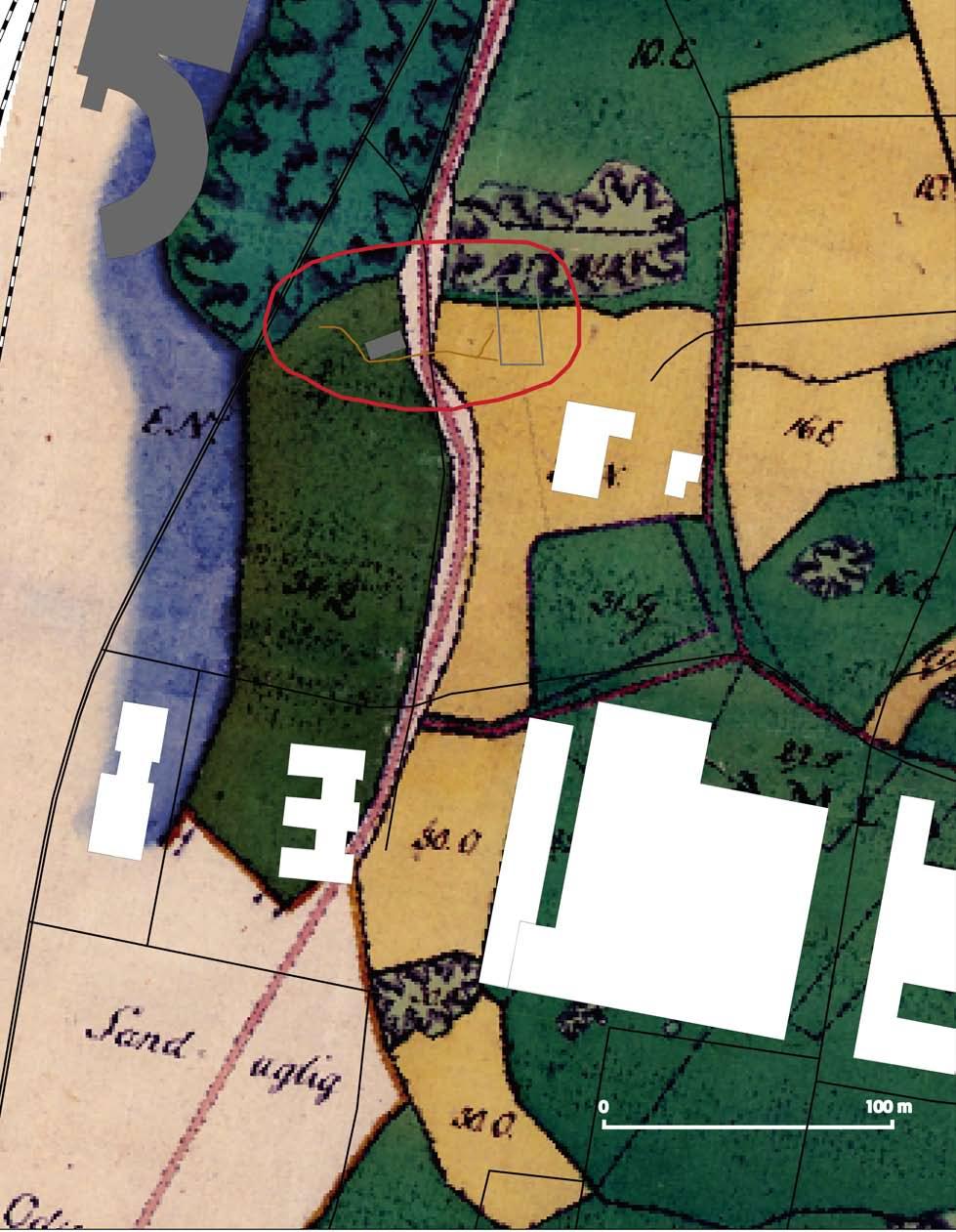 Fig. 4. Detalj ur storskifteskartan över Varberg från 1778 med det undersökta området markerat. Gul färg är åker, det gröna är ängsmark.