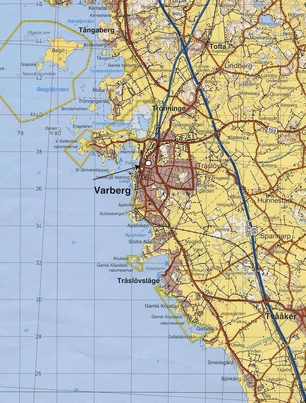 Fig. 2. Utsnitt ur Blå kartan, blad 52 Falkenberg, med platsen för under sök ningen markerad. Skala 1:100 000.