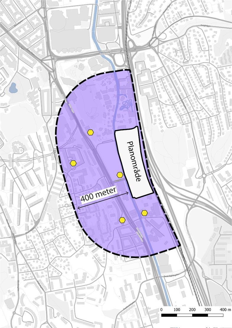 ANALYSSTEG 2 4.3.3 Service och andra urbana verksamheter I anvisningarna definieras direkt närhet till god service som en radie av 400 meter (fågelvägen) från projektområdets gräns.