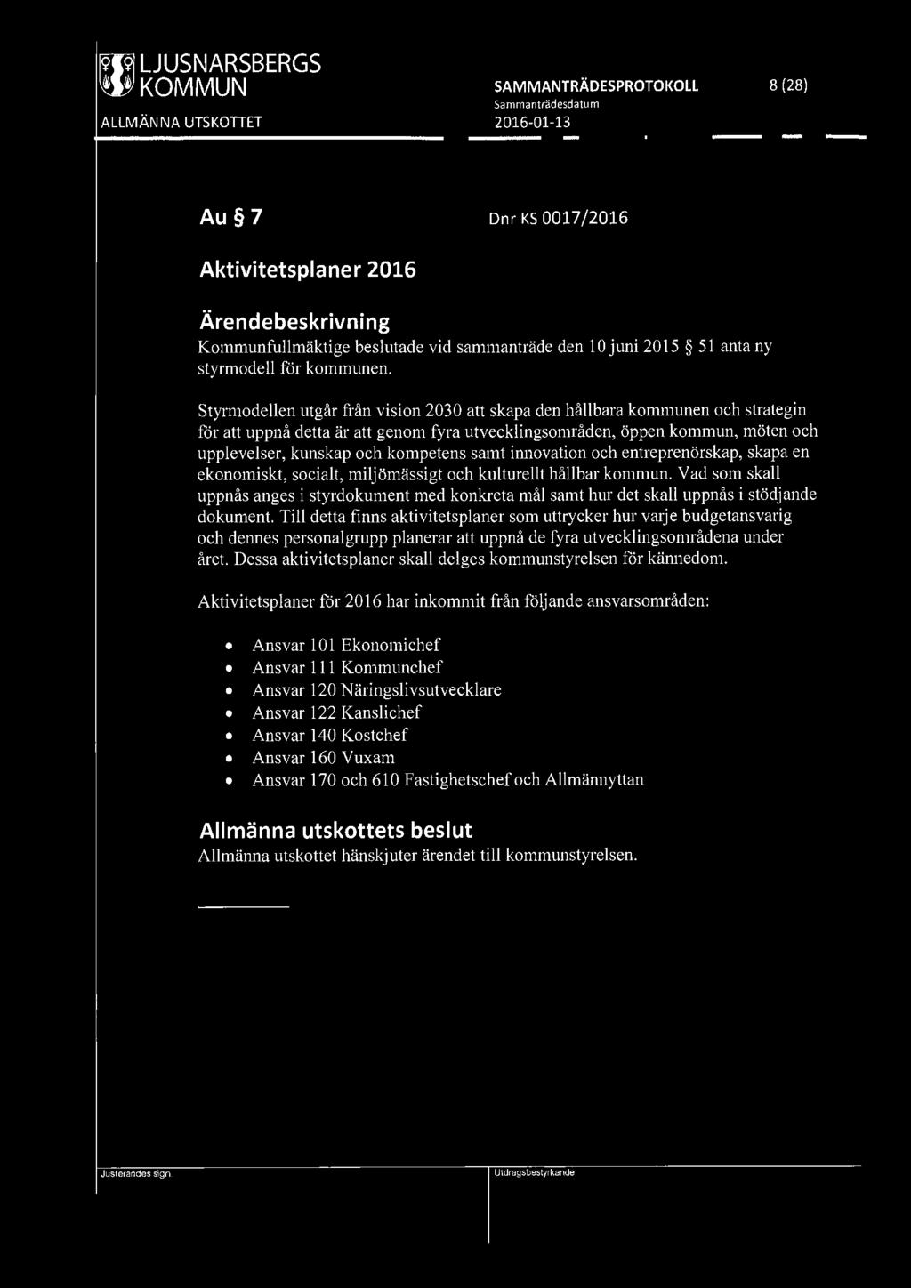 [919] LJUSNARSBERGS ~ KOMMUN SAMMANTRÄDESPROTOKOLL 8 (28) Au 7 Dnr KS 0017/2016 Aktivitetsplaner 2016 Kommunfullmäktige beslutade vid sammanträde den 10 juni 2015 51 anta ny styrmodell för kommunen.