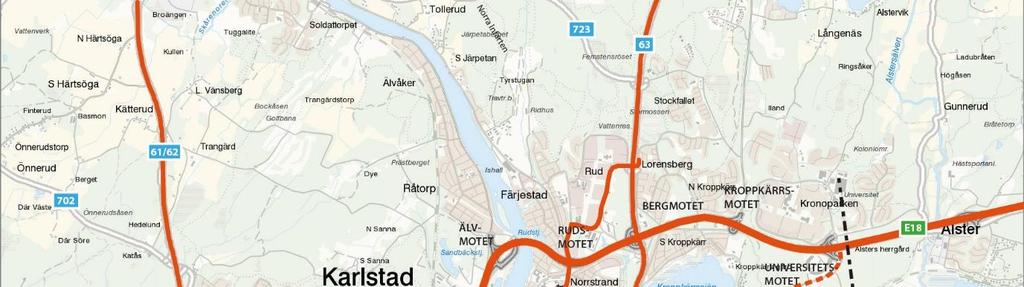 6 (94) Figur 2. Geografisk avgränsning av E18. I kartan syns det nuvarande primära vägnätet markerat liksom framtida tillkommande förbindelser. Tabell 1. Primärt vägnät Karlstad.