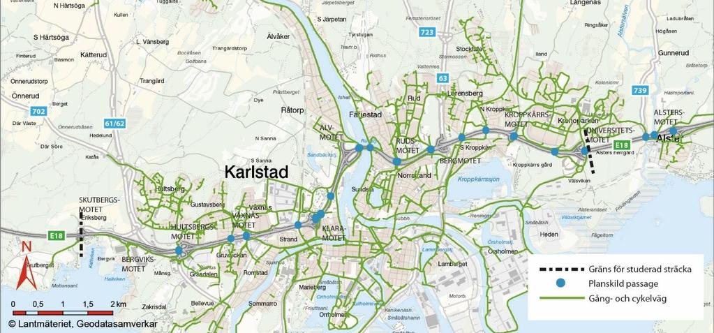 33 (94) Figur 19. Gång- och cykelvägar i Karlstad samt gång- och cykelpassager över/under E18.
