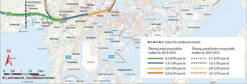 Trafikutveckling Enligt Trafikverkets prognoser för person- och godstransporter mellan år 2014 till 2040 bedöms personbilstrafiken på E18, genom Värmland, öka med 14 %.