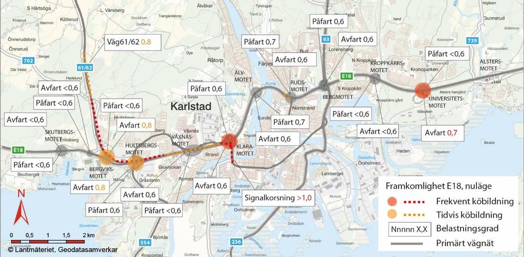 38 (94) Figur 25. Framkomlighet E18 nuläge år 2018.