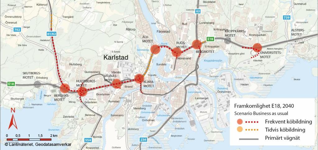 40 (94) Figur 26. Framkomlighet på E18 med trafikutveckling enligt scenario Business as Usual år 2040. Oskyddade trafikanter E18 genom Karlstad utgör en barriär för oskyddade trafikanter.