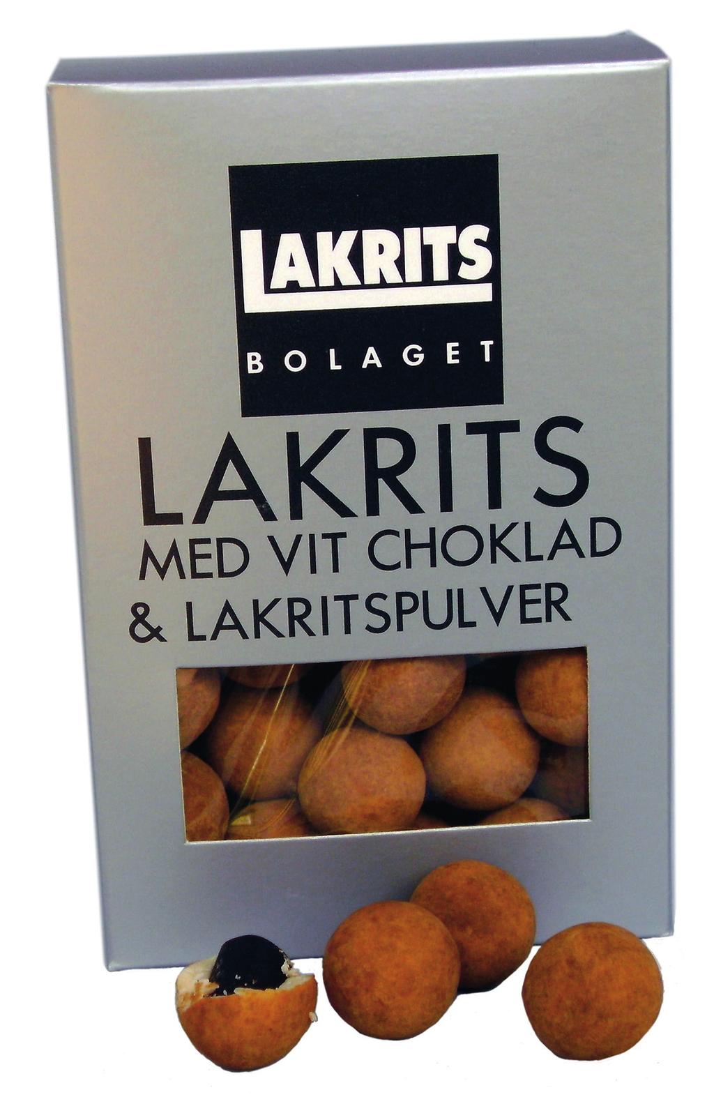 Lakrits med vit choklad och lakritspulver VIT-007 Mjuk lakrits överdragen med vit kvalitetschoklad från Belgien och sedan rullad i