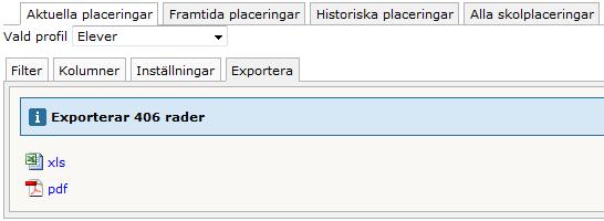 Exportera till Excel eller PDF Elevöversikten Om du vill arbeta vidare med en lista kan du exportera de kolumner du har i vyn till Excel eller PDF. Det gör du genom att klicka på fliken Exportera.