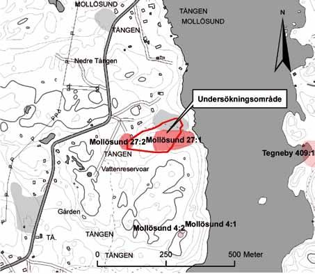 Tången 7 Figur 3. Utsnitt ur GSD-Fastighetskartan, blad 7099, med översikt över undersökningsområdet samt närliggande fornlämningarna markerade. Skala 1:10 000.