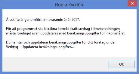 Gå in under Arkiv och välj Nytt kalenderår... Av bilden till höger framgår att rutinen genomför tre olika steg.