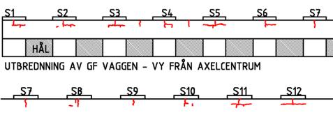 Figur 27 - Sprickbildning kring statorfundament från besiktning 2014, plan och vy från axelcentrum Inspektionen av nedre armkorsupplag utfördes från insida generatorfundament och genom ingång från