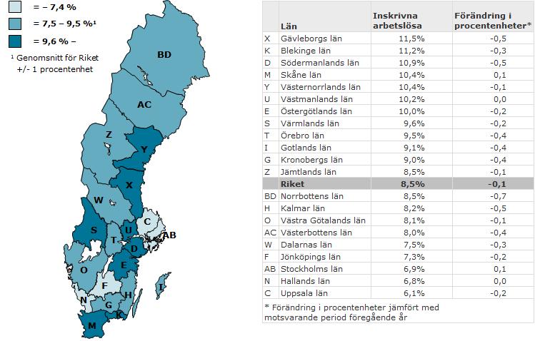 Inskrivna arbetslösa i november 2013 som andel