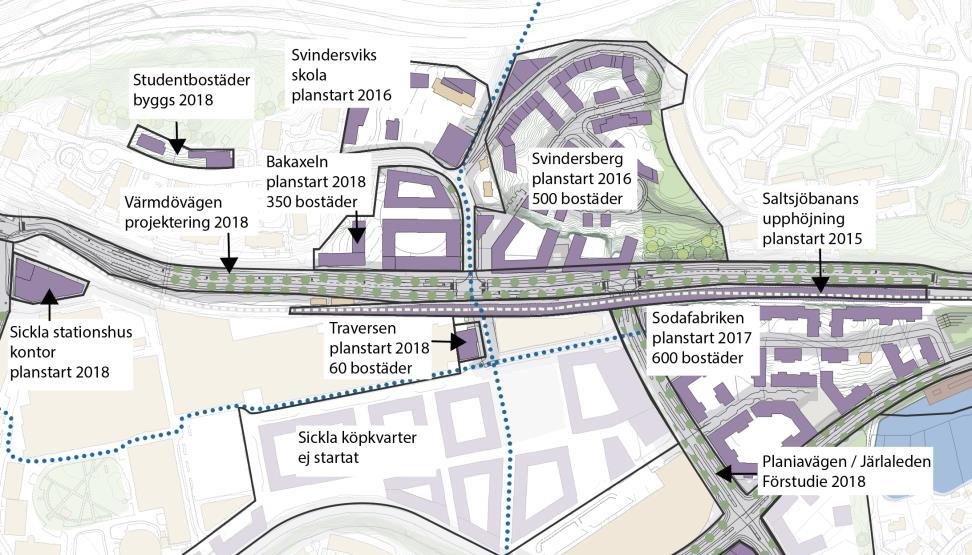 STARTPROMEMORIA 8 (11) Utklipp från strukturplanen, mars 2018. Den bebyggelse som planeras i närområdet förändras under planprocessens gång. Viktiga stråk illustreras med blåprickade linjer. 3.