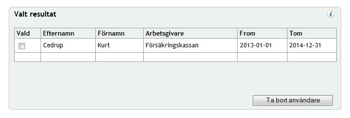 I panelen Sökresultat visas resultatet av din sökning. Här gör du ett urval av sökresultatet. 4. I kolumnen Vald markerar du rutor för önskade användare i listan. 5. Klicka på knappen Välj användare.