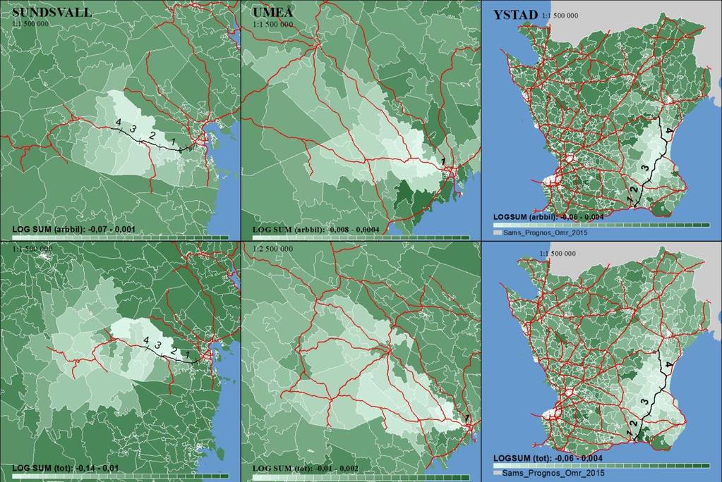 CERUM Report Nr 46/2018 Sid 9 (17) SAMPERS Figur 1: SAMPERS resultat, med större vägar (rött) och aktuellt vägobjekt (svart) Effekterna i SAMPERS är synliga men väldigt små.