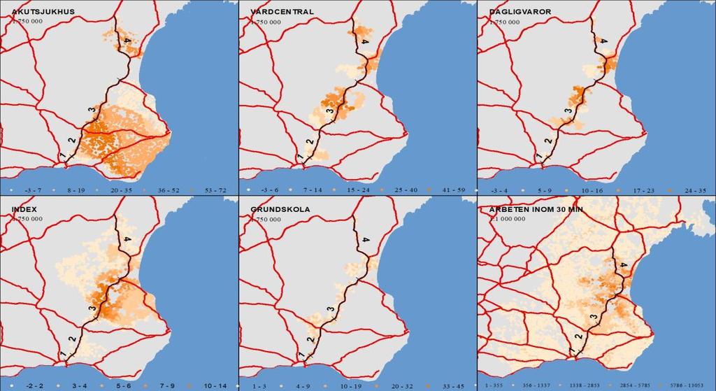 CERUM Report Nr 46/2018 Sid 11 (17) Figur 4: PIPOS resultat för Ystad, med större vägar (rött) och aktuellt vägobjekt (svart) Analys och diskussion Effekterna av hastighetsförändringarna var i