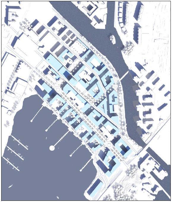 Figur 5. Översiktsbild med ungefärlig utformning från Detaljplanen (AQ arkitekter). Röd ellips visar området för nya bryggor.