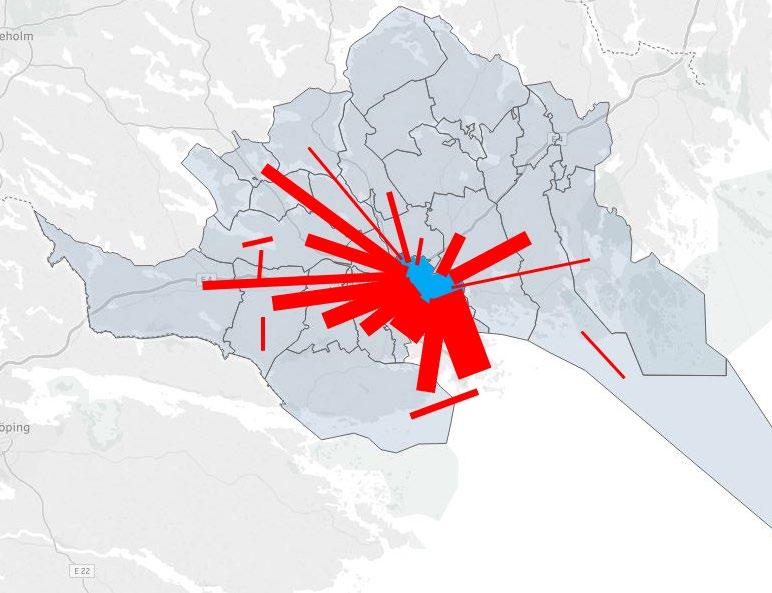 . Reseströmmar Av centralt syfte med resvaneundersökningen är att redovisa hur reseströmmarna i kommunen ser ut, dvs. hur invånarna förflyttar sig mellan olika delar av kommunen.