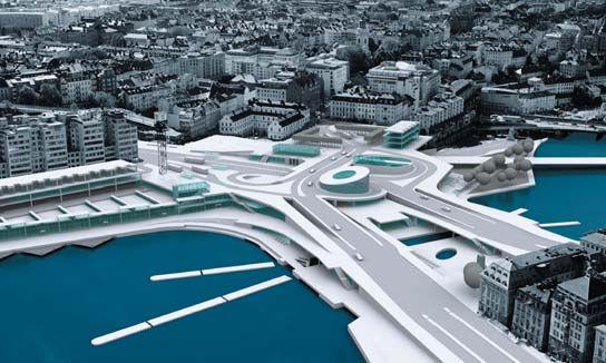 5 (33) De två förslag som presenterades under programsamrådet; till vänster Nya Slussen och till höger Nybyggt bevarande. Bild: t.v. Nyréns Arkitektkontor, t.h. White Arkitekter.