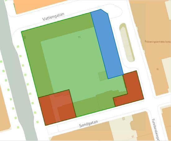6(11) Figur 3: Samlingskarta över tomtindelningar inom kvarteret Haken. Grön markering visar tomtindelning 22B: 2092. Rödmarkerade områden visar tomtindelning 22B: 2050.