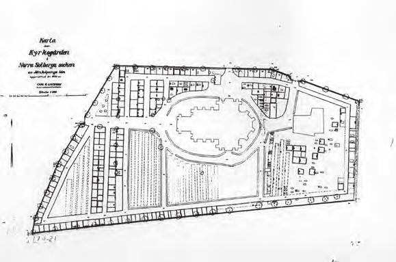 BYGGNADSVÅRDSRAPPORT 2017:16 13 Kyrkogården 1939 innan utvidgningen västerut. Utmed den västra kyrkogårdsmuren gick den gamla vägen.
