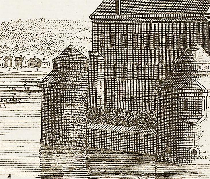 ARKEOLOGGRUPPEN AB, RAPPORT 2019:26 Figur 4. I en gravyr från år 1700 syns den så kallade fyrkanten i hörnet mellan norra flygeln och nordöstra tornet (vänster på bild).
