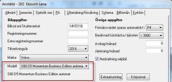 Aveny Hogia PA Nyhetsbrev 4/2014 Sid: 6 2.2.5 Anställda och fliken Bilförmån Namnen på bilmodeller blir längre och längre. Därför har fältet för bilmodell utökats i databasen.