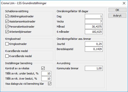 Inställningar innehåller i huvudsak grundvärden som programmet använder vid olika beräkningar. Schablonavsättning Många assistansbolag väljer att avsätta medel till brukarens förfogande.