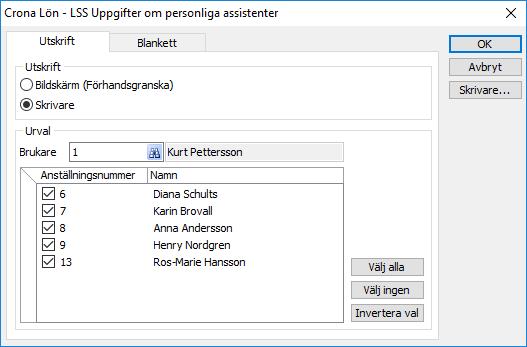 Brukarregister brukarnummer, namn, personnummer, kund from, kund tom, kopplade assistenter, beslut och löneuppgifter (belopp). OBS!