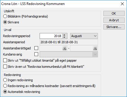 Redovisning Kommun Du kommer till utskriften via menyn Funktioner, LSS Assistansersättning, Redovisa Kommun.