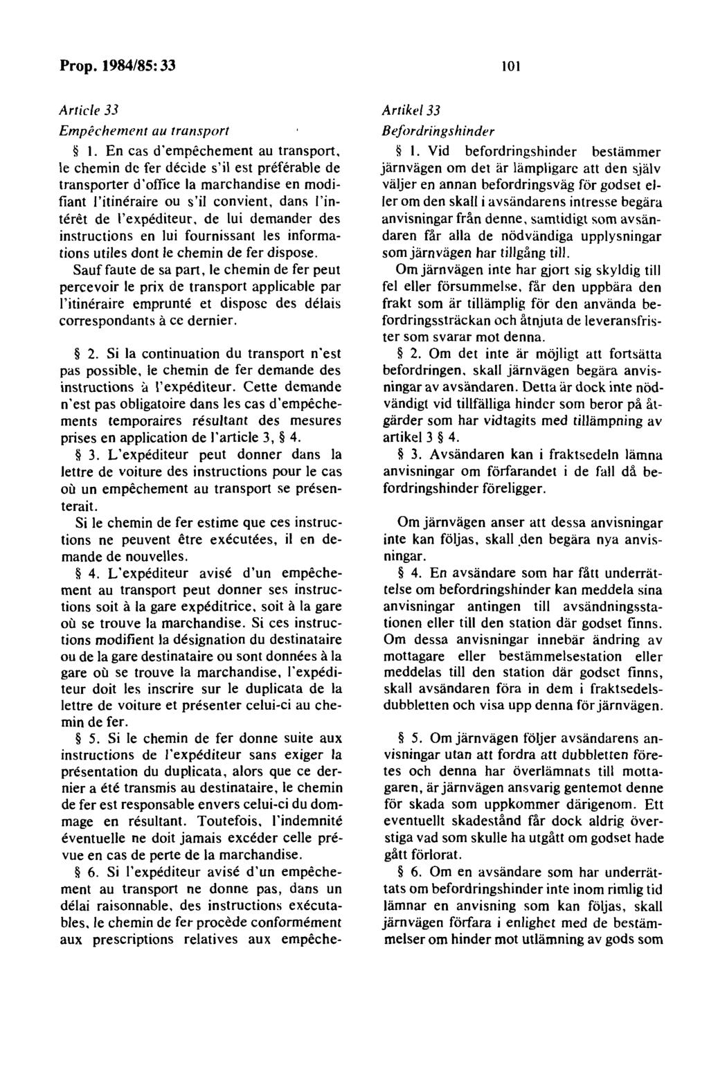 101 Article 33 Empechement au transport I.