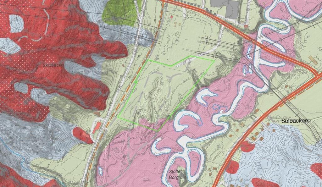 repo001.docx 2015-10-05 32(59) Figur 10. Jordarter inom planområdet. Planområdets ungefärliga gräns är markerad med grön heldragen linje. Grönt = glacial grovsilt/finsand, Rosa = svämsediment (sand).