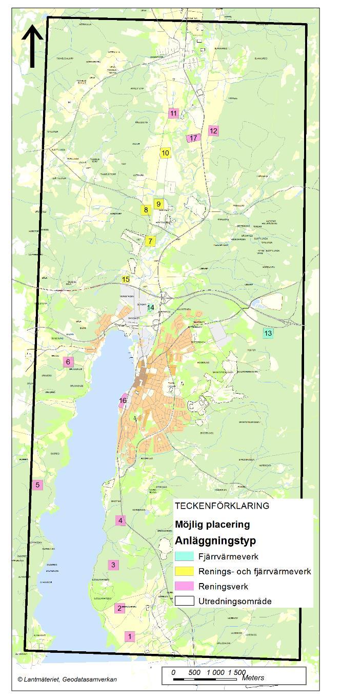 repo001.docx 2015-10-05 Figur 4. Alla 17 identifierade lokaliseringsalternativ för nytt reningsverk och panncentral. Källa: Lokaliseringsutredningen.