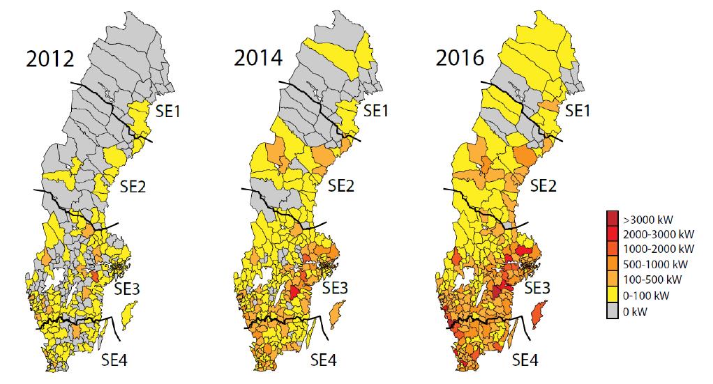 Figur 6: Sammanlagd installerad solcellskapacitet i Sverige mätt i MW (National Survey Report.