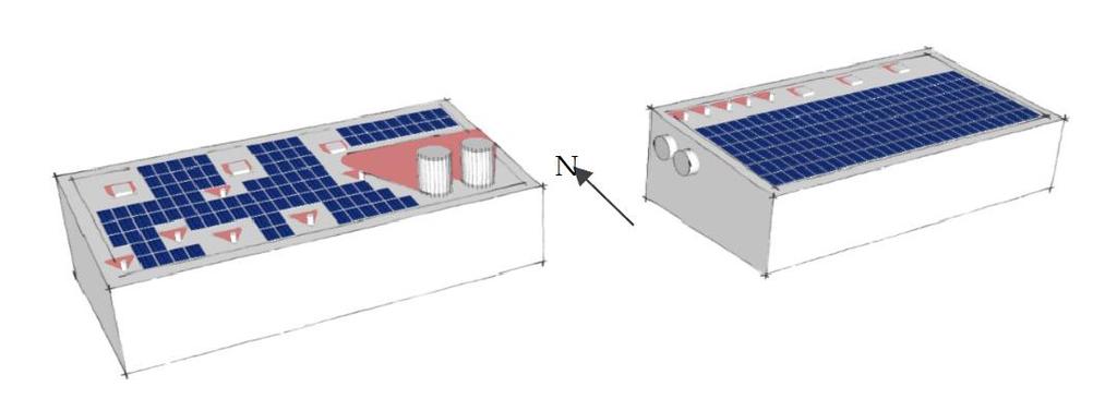Skuggorna blir därmed olika långa (Bengtsson et al. 2017). Figur 21 och 22 illustrerar exempel på utformning av solceller på hustak.
