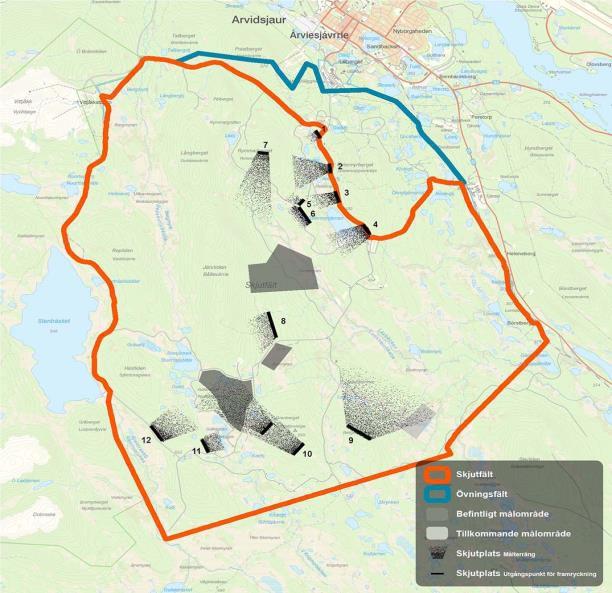 Sidan 20 av 45 Figur 4 utvisande exempel på skjutplatser som nyttjas inom skjutfältet samt tillkommande målområde. Siffrorna på kartan beskriver de idag namngivna skjutplatserna inom skjutfältet: 1.