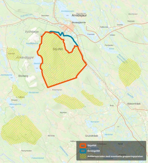 Sidan 35 av 45 Figur 20 utvisande exempel på artilleriområden, gult raster markerar områden med möjliga och här sökta grupperingsplatser.