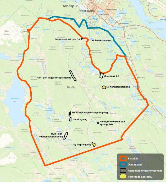 Sidan 39 av 45 Figur 24 utvisande befintliga och tillkommande utbildningsanordningar Arvidsjaurs övnings- och skjutfält. Svarta markeringar visar på befintliga fasta utbildningsanordningar.