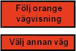 Anvisning med versal och gemen text kan förekomma När en väg är avstängd kan orange upplysningsmärke sättas upp med den upplysning som erfordras vid respektive tillfälle.